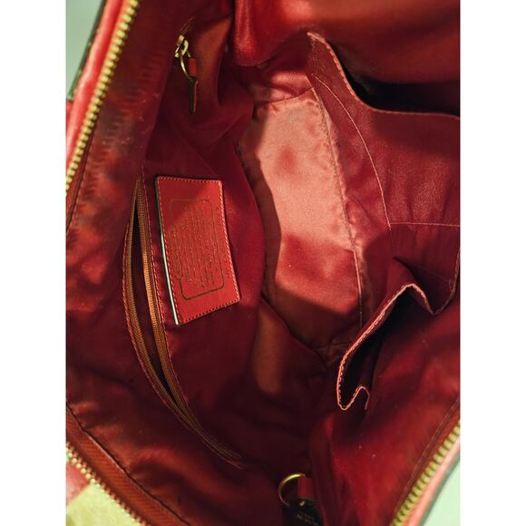 Coach Purse: Beige Signature Canvas + Red Patent Leather, Authentic Zipped Tote - Picture 10 of 13